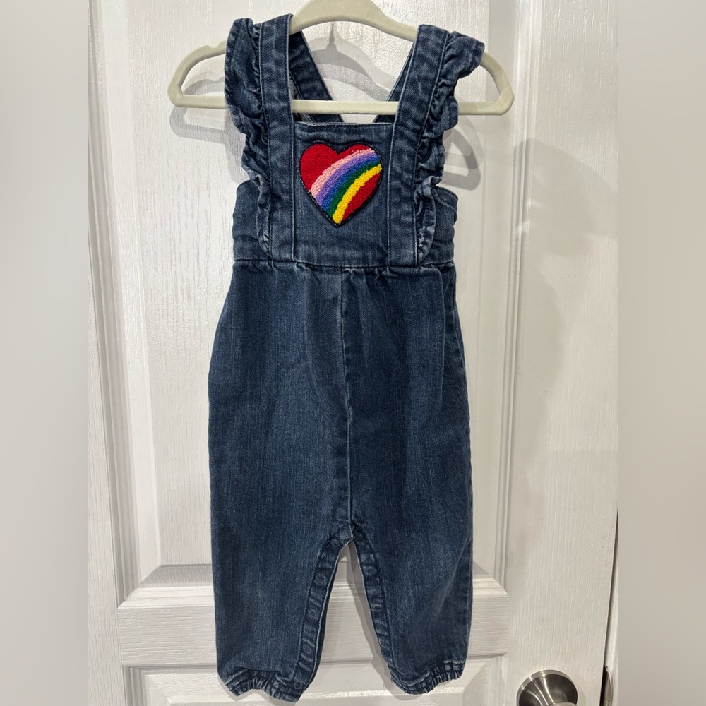 Hanna Andersson Denim Kids Overalls with rainbow Heart Patch 12-18months